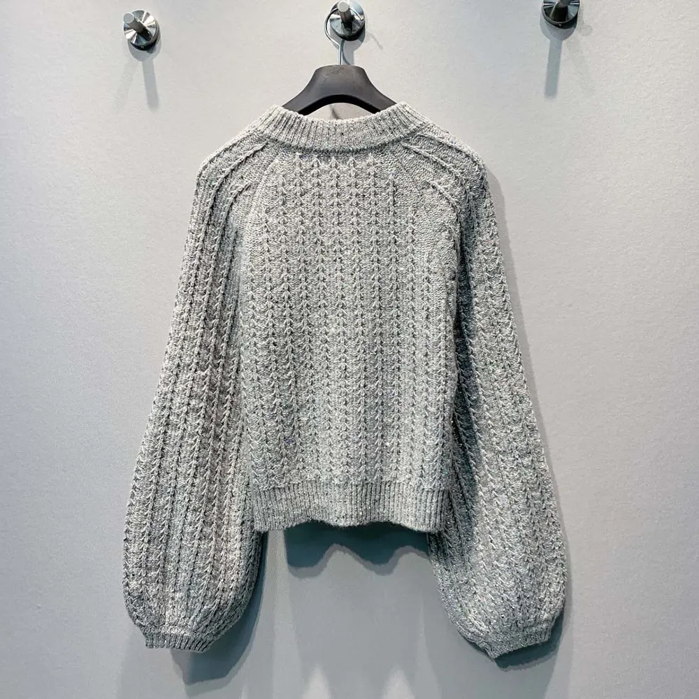 Side angle showing button closure on Dior Women Cardigan Gray Virgin Wool-Cashmere-Blend Tweed