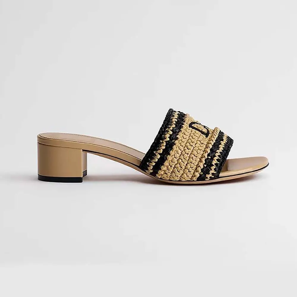 Side view of Dior Women Dioriviera Dior Woven Heeled Slide in brown