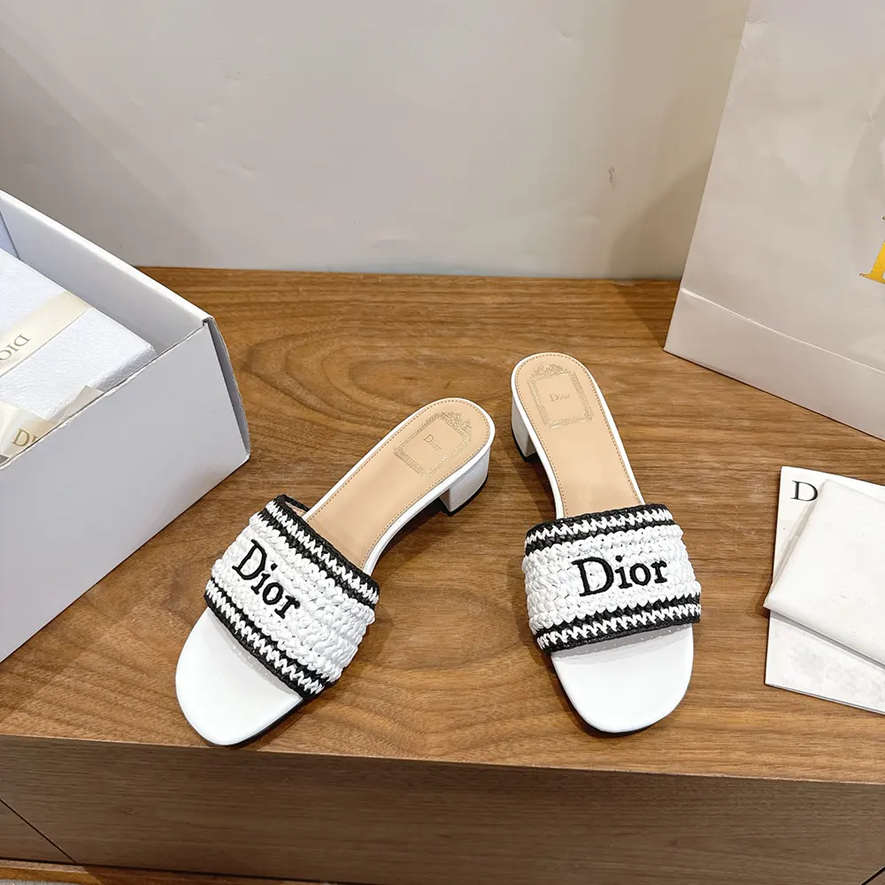 Back view showing Dior signature on heel of white woven slide