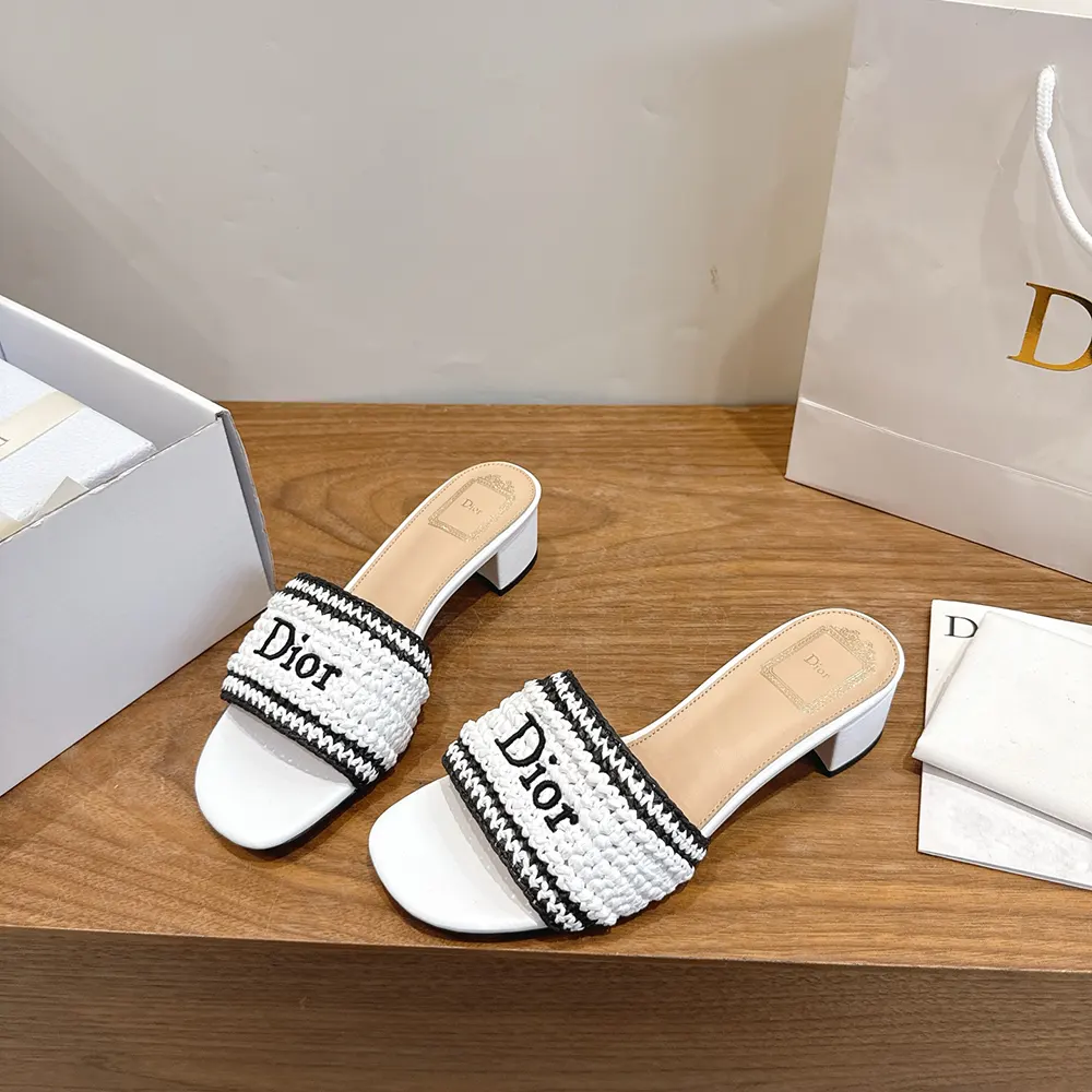 Dior Women Dioriviera Dior Woven Heeled Slide White Crocheted Raffia-Effect Technical Fabric - image 5
