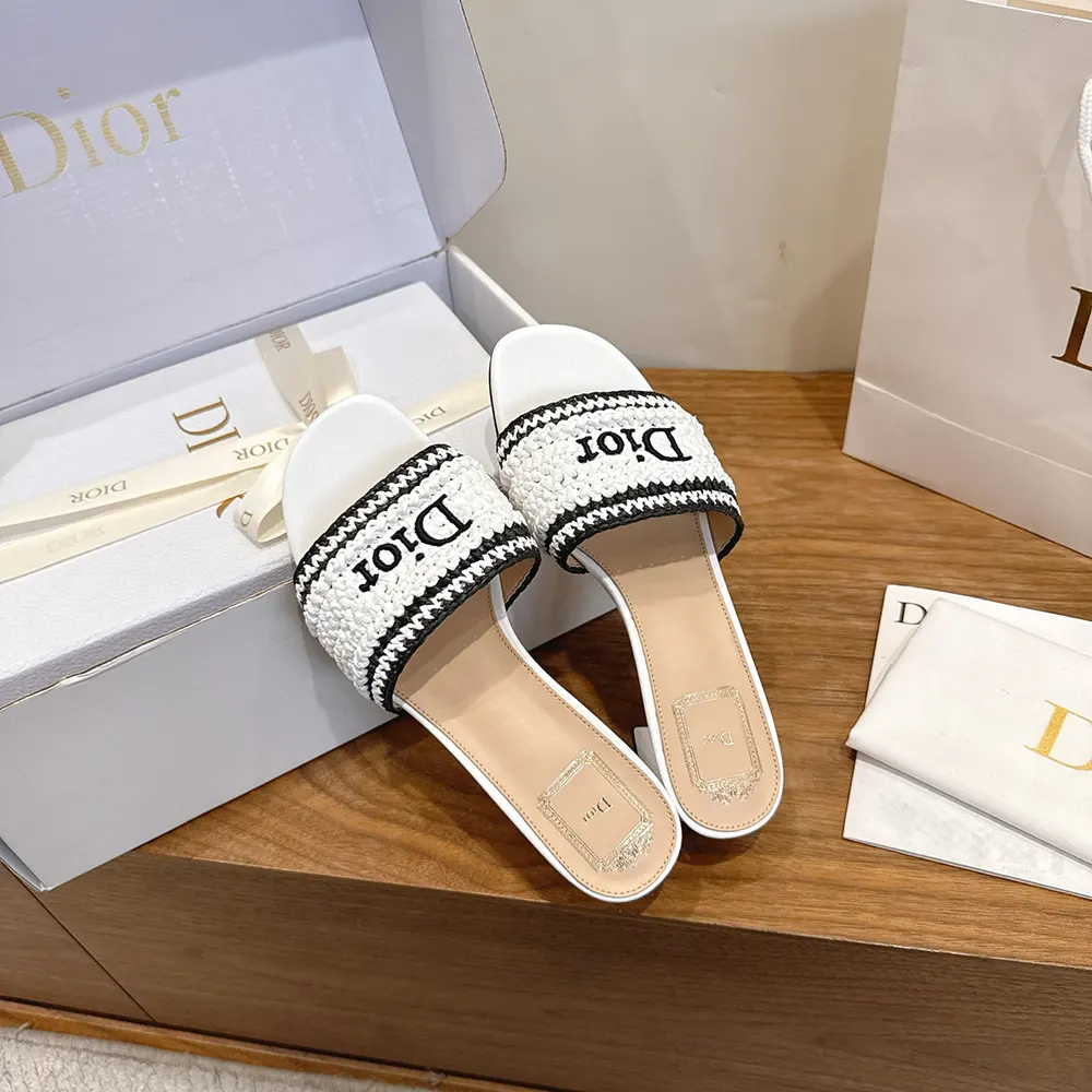Dior Women Dioriviera Dior Woven Heeled Slide White Crocheted Raffia-Effect Technical Fabric - image 6
