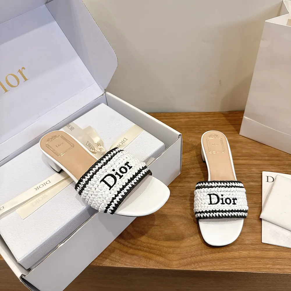 Dior Women Dioriviera Dior Woven Heeled Slide White Crocheted Raffia-Effect Technical Fabric - image 4