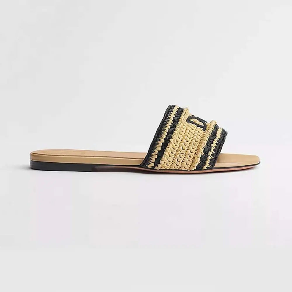 Side view of Dior Women Dioriviera Dior Woven Slide Crocheted Raffia-Effect sandal