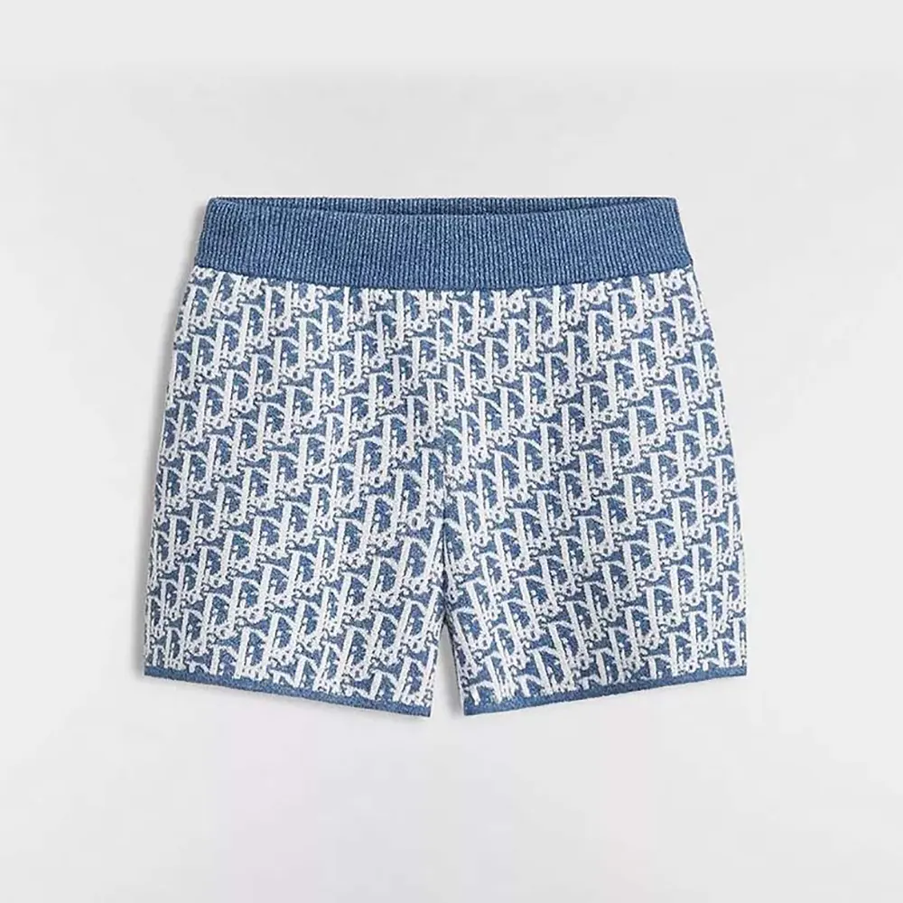 Front view of Dior Women Dioriviera Shorts Blue Spongy Dior Oblique Cotton-Blend Jacquard