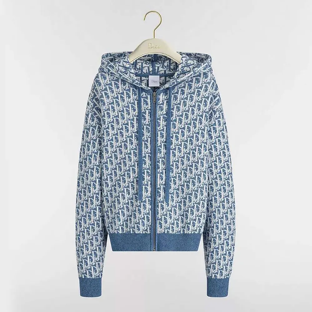 Front view of Dior Women Dioriviera Zipped Cardigan with hood in blue jacquard