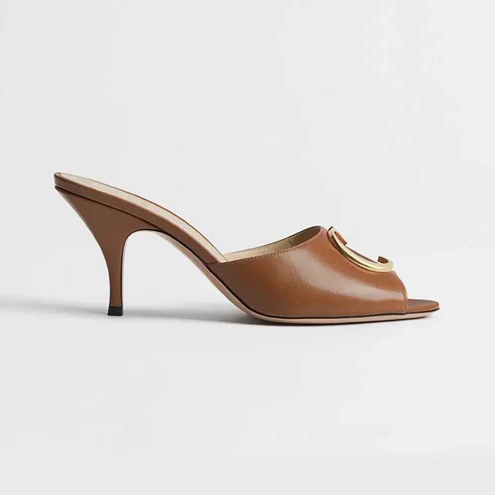 Front angle of Dior Women Initials Heeled Slide New Marron Lambski