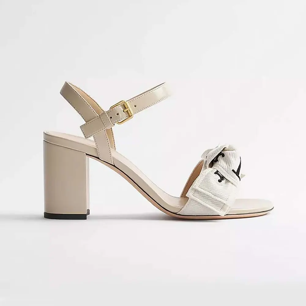 Side view of Dior Women J’Adior Heeled Sandal Embroidered Cotton and Trench Lambskin