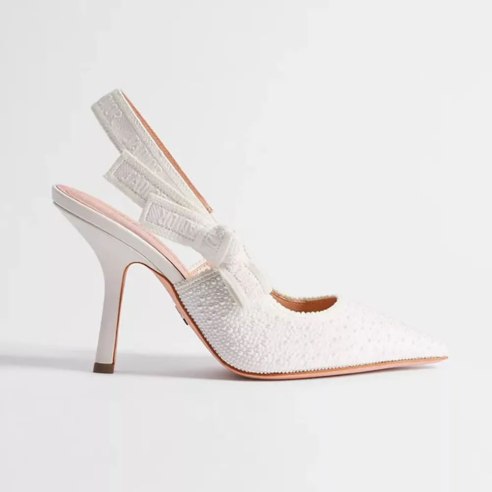 Side view of Dior Women J’Adior Slingback Pump with embroidered cotton and pearls
