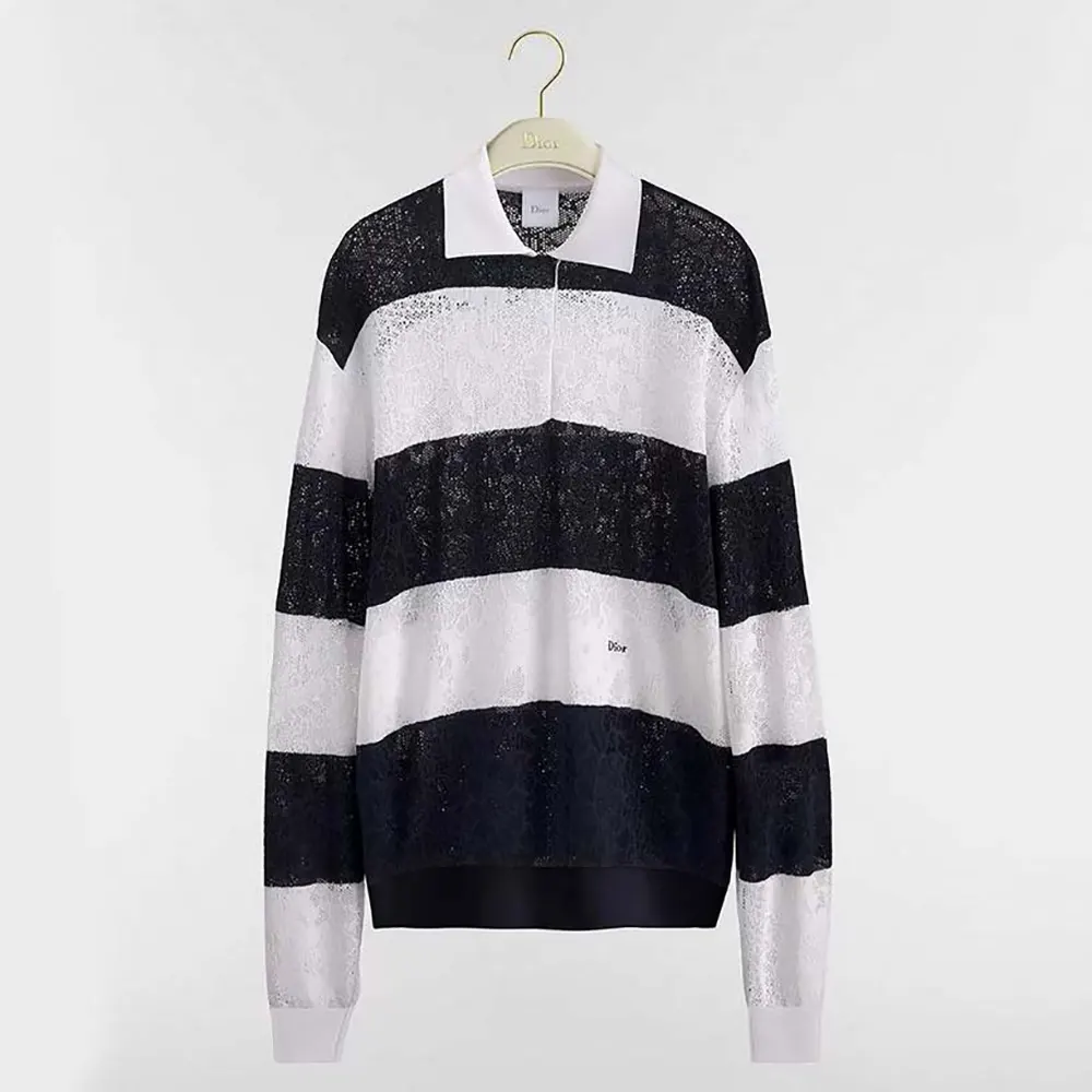 Front view of Dior Women Marinière Long-Sleeved Polo Shirt Black and White Technical Lace