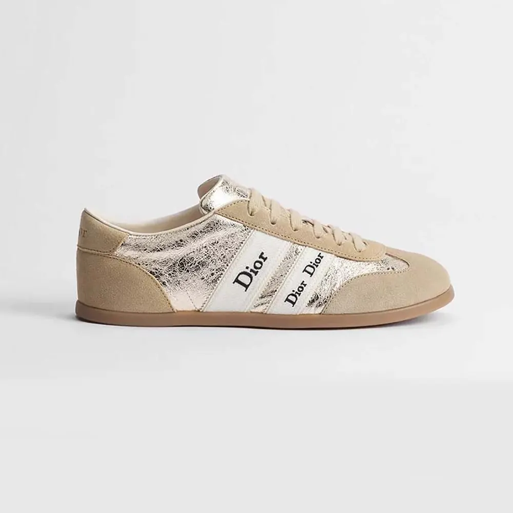 Side view of Dior Women Ribbon Sneaker Beige Suede Calfskin and Gold-Tone Crinkled Laminated Lambskin