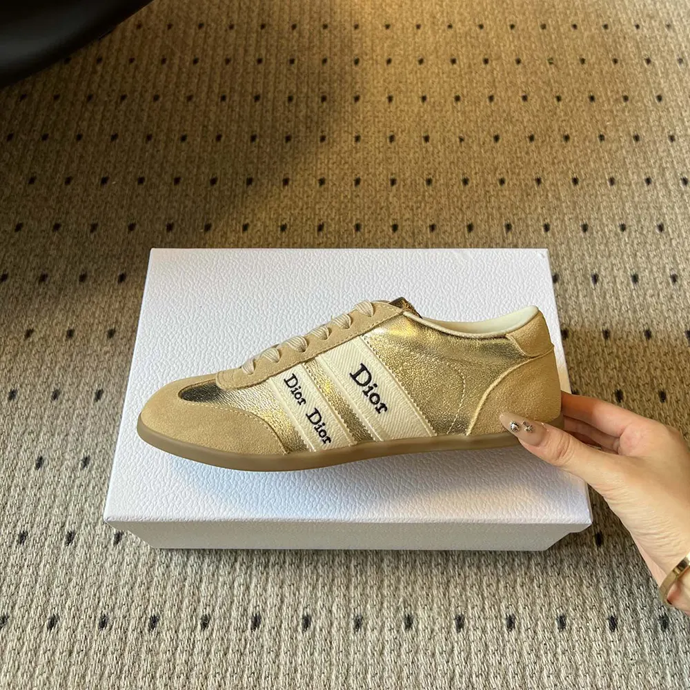 Dior Women Ribbon Sneaker Beige Suede Calfskin and Gold-Tone Crinkled Laminated Lambskin - image 6