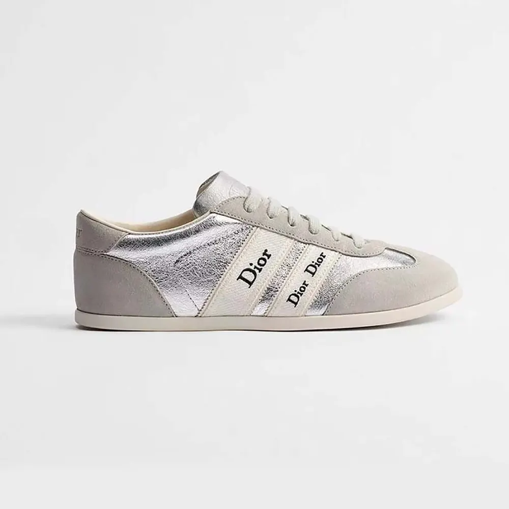 Side view of Dior Women Ribbon Sneaker Gray Suede Calfskin and Silver Lambskin