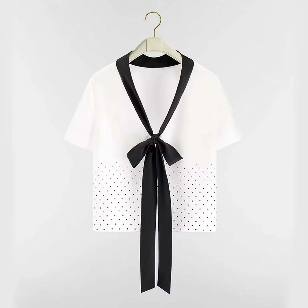 Front view of Dior Women Short-Sleeved Blouse with Rear Tie White Silk Twill with Black PolkaDior Motif