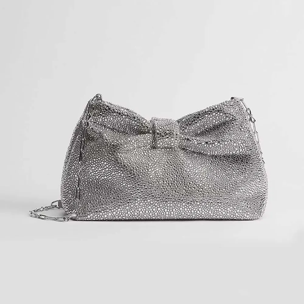 Front view of Dior Women Small Dior Bow Bag Silver-Tone Goatskin and Strass