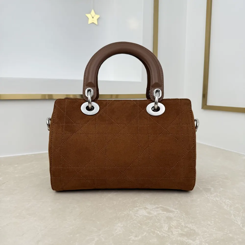 Side angle showing brown suede texture and strap of Small Dior Granville Bag