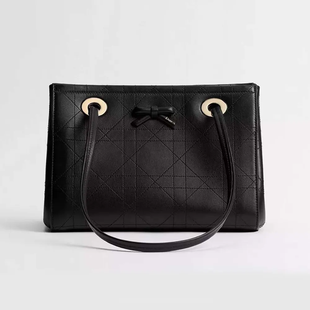 Front view of Dior Women Small Dior Promenade Shopping Bag Black Flat Cannage Calfskin