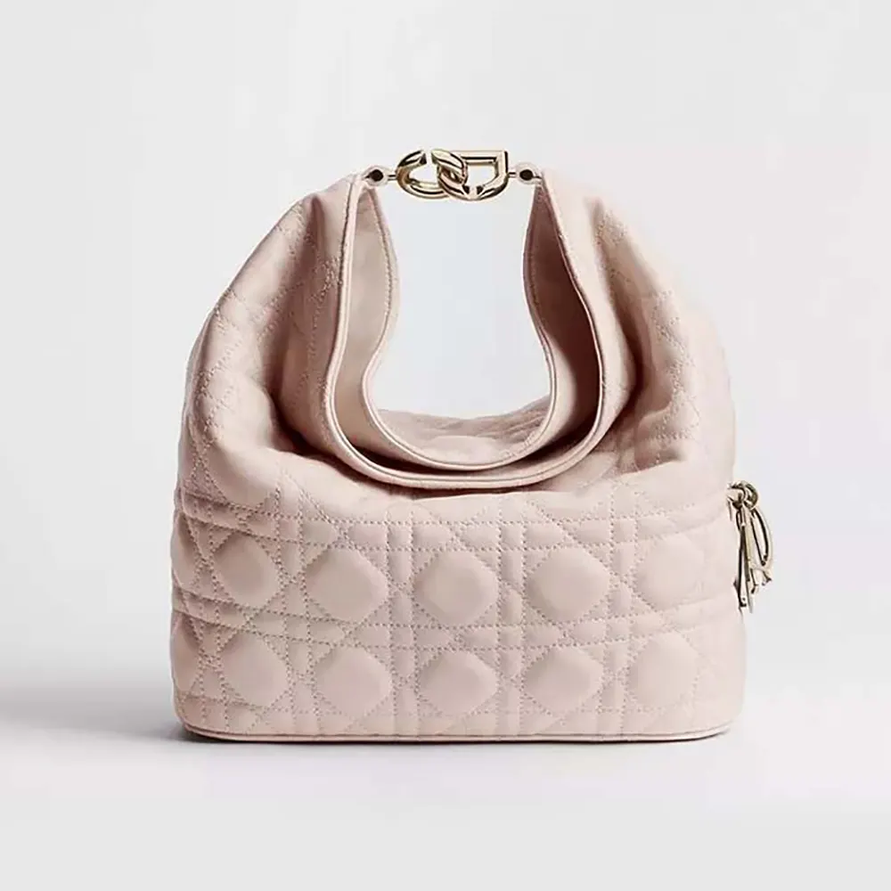 Front view of Dior Women Small Dior Toujours Hobo Bag Ballet Pink Cannage Lambskin