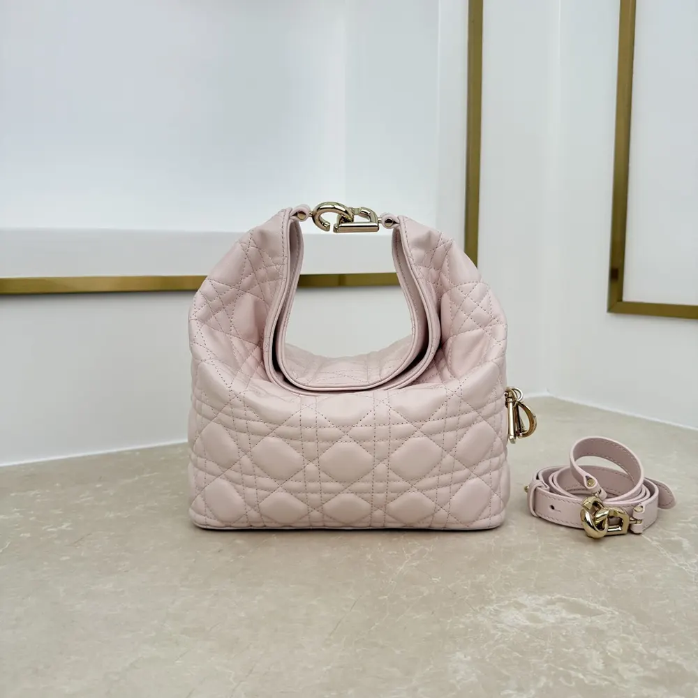 Close-up of Ballet Pink lambskin and gold hardware details on Dior bag