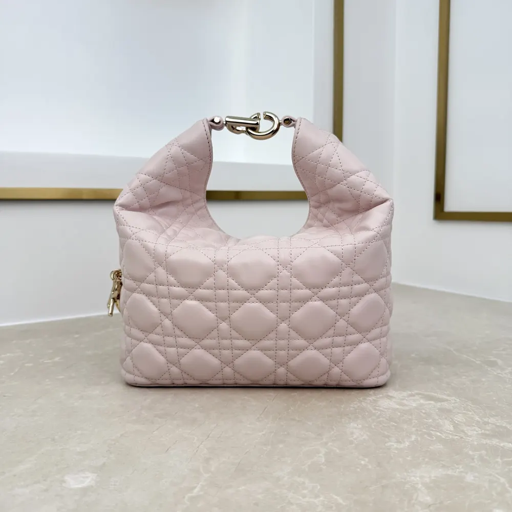 Side angle showing curved silhouette of Dior Women Small Dior Toujours Hobo Bag