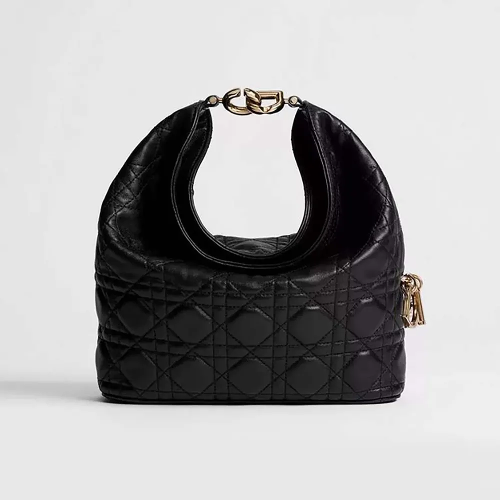 Front view of Dior Women Small Dior Toujours Hobo Bag Black Cannage Lambskin