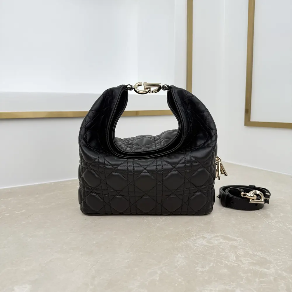 Close-up detail of Cannage stitching on Dior Women Small Dior Toujours Hobo Bag