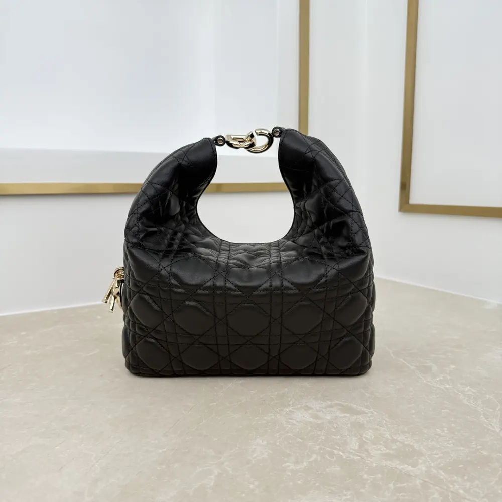 Side angle showing silver hardware on Dior Women Small Dior Toujours Hobo Bag