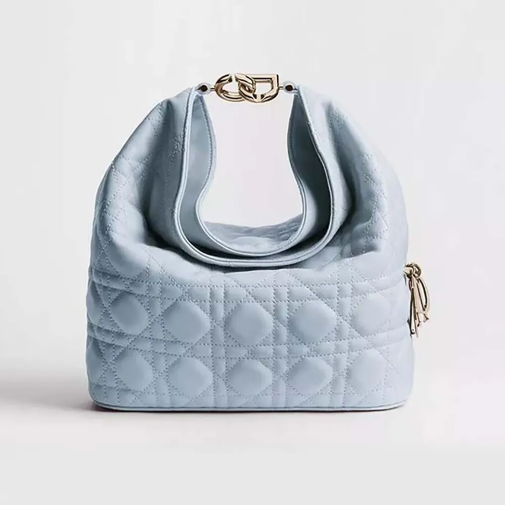 Front view of Dior Women Small Dior Toujours Hobo Bag Ice Blue Cannage Lambskin