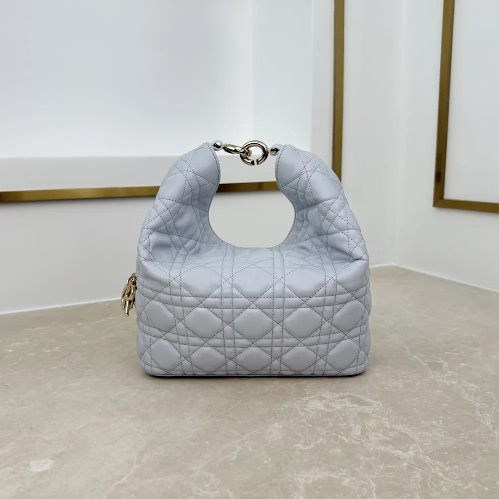 Close-up of silver-tone hardware and Cannage stitching on Dior Women Small Dior Toujours Hobo Bag