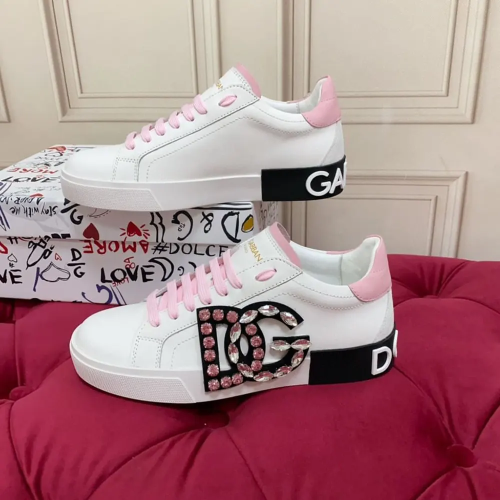 Close-up detail of white calfskin leather on Dolce Gabbana D&G sneakers