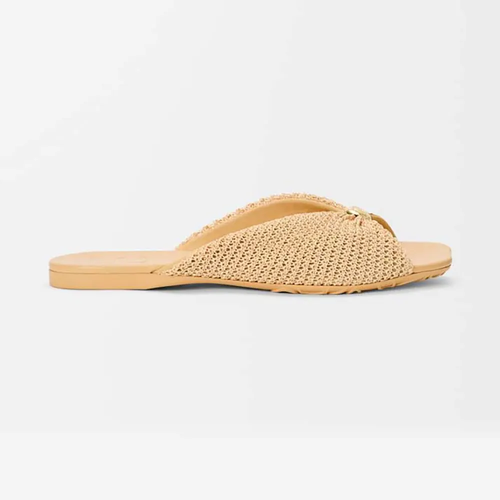 Side view of Loewe Women Pebble Soft Slide in raffia-effect fabric