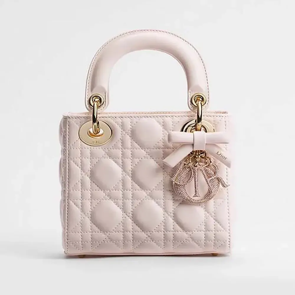 Front view of Dior Women Mini Lady Dior Bag with Chain Ballet Pink lambskin