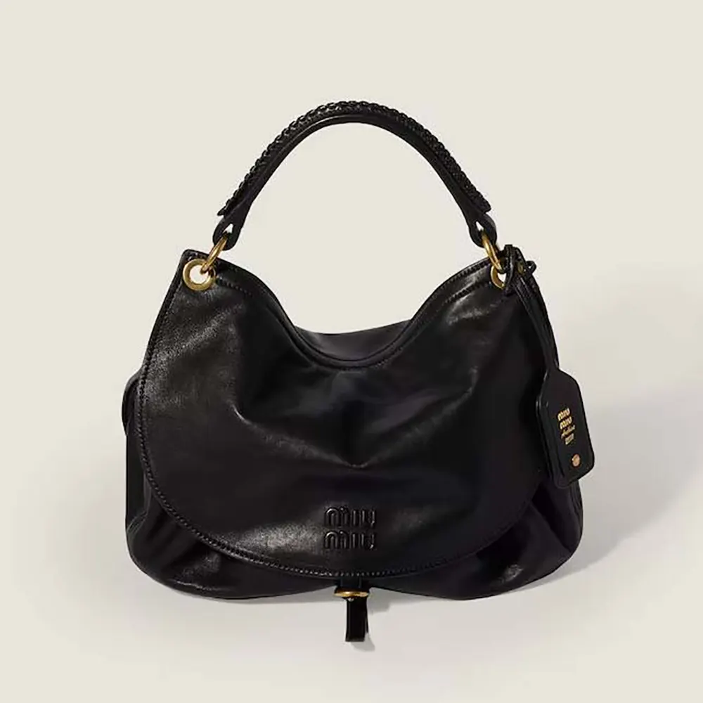 Front view of Miu Miu Women Rendez-Vous Leather Bag Black with clasp