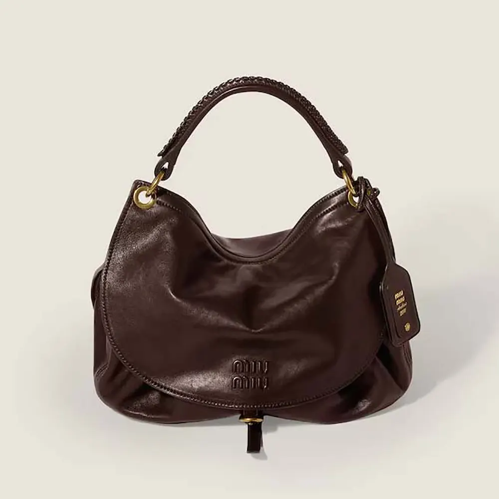 Front view of Miu Miu Women Rendez-Vous Leather Bag Briarwood with flap closed
