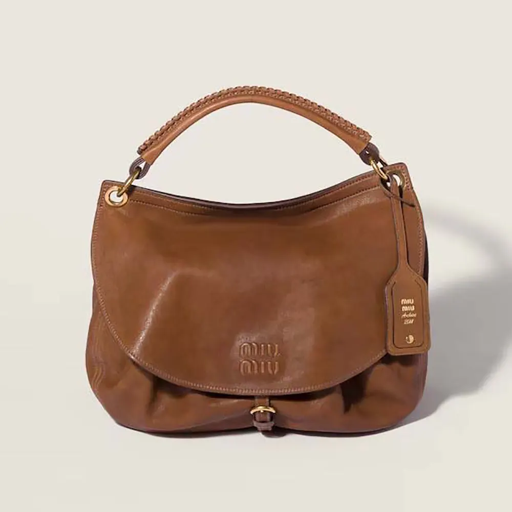 Front view of Miu Miu Women Rendez-Vous Leather Bag Oak in tan leather
