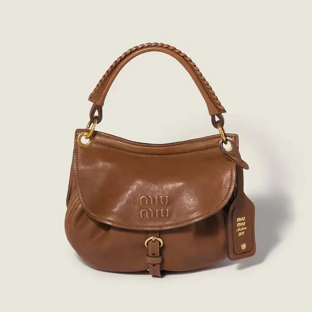 Front view of Miu Miu Women Rendez-Vous Nappa Leather Bag Oak showcasing leather texture