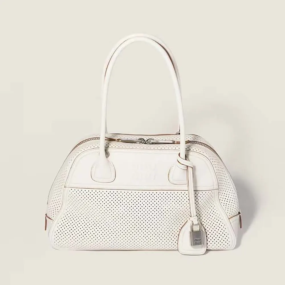 Front view of Miu Miu Women Vivant Leather Bag Chalk White with flap closed