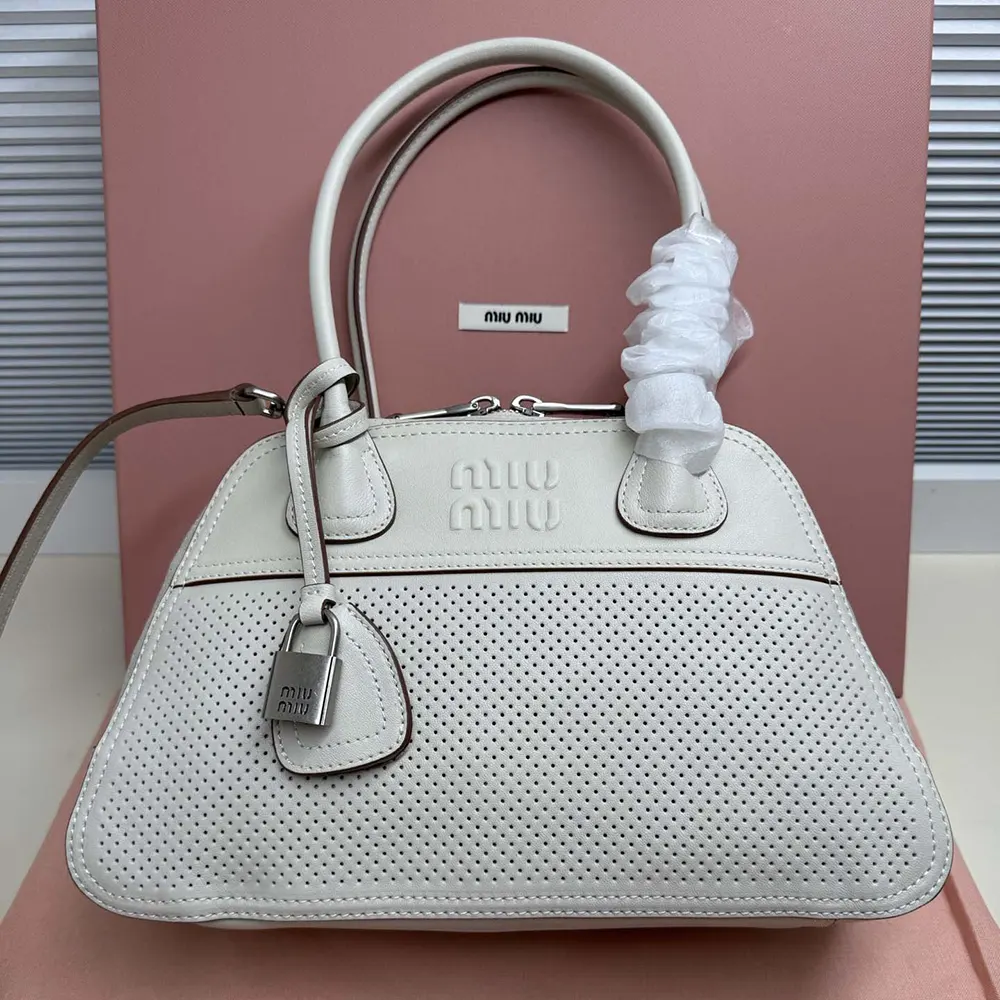 Close-up of matte silver hardware on Miu Miu Women Vivant Leather Bag Chalk White
