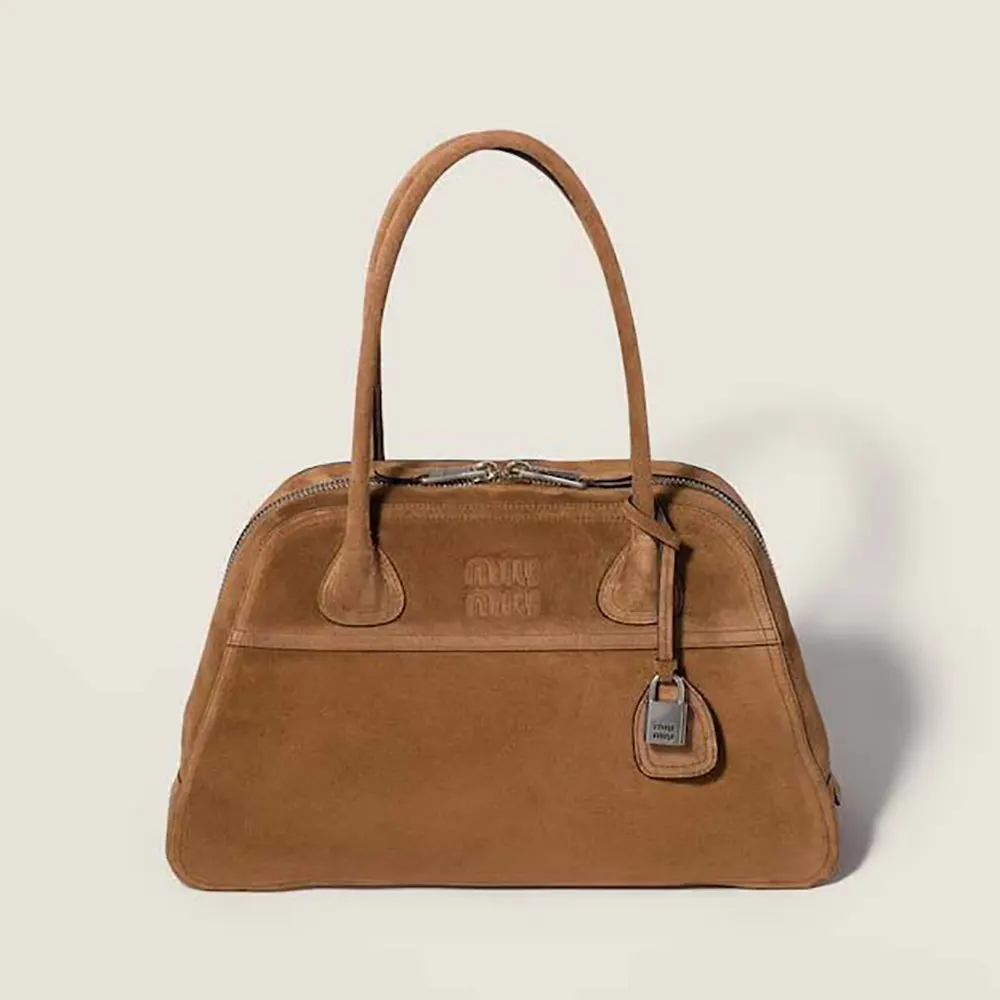 Front view of Miu Miu Women Vivant Suede Bag-Cocoa Brown with flap closed