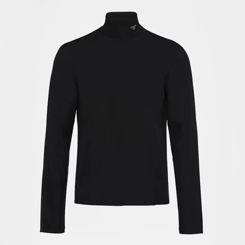 Front view of Prada Men Tech Jersey Mock-Neck Sweater in black