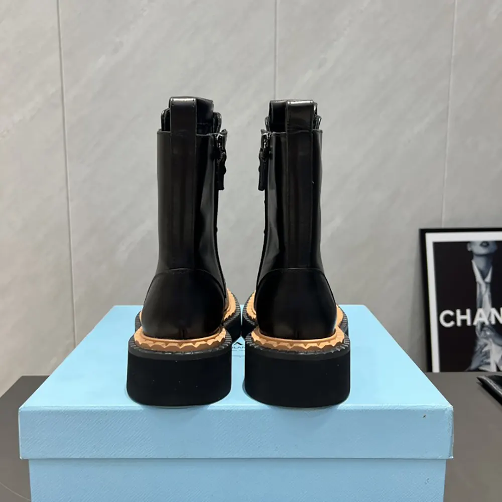Prada Unisex Black Leather Lace-Up zip up Combat Boots - image 7