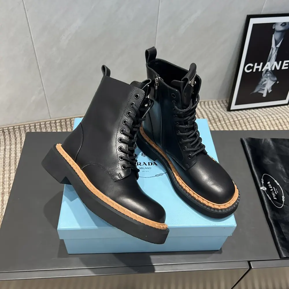 Prada Unisex Black Leather Lace-Up zip up Combat Boots - image 5