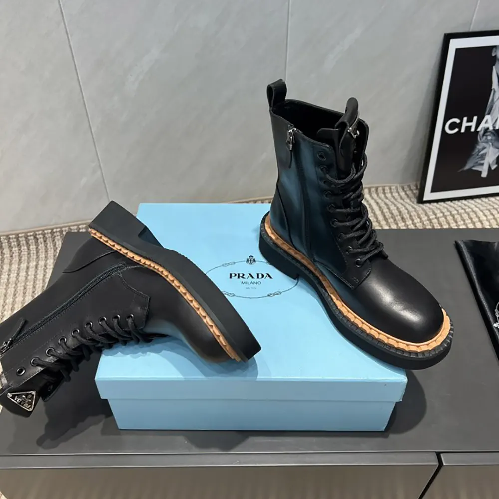 Prada Unisex Black Leather Lace-Up zip up Combat Boots - image 6