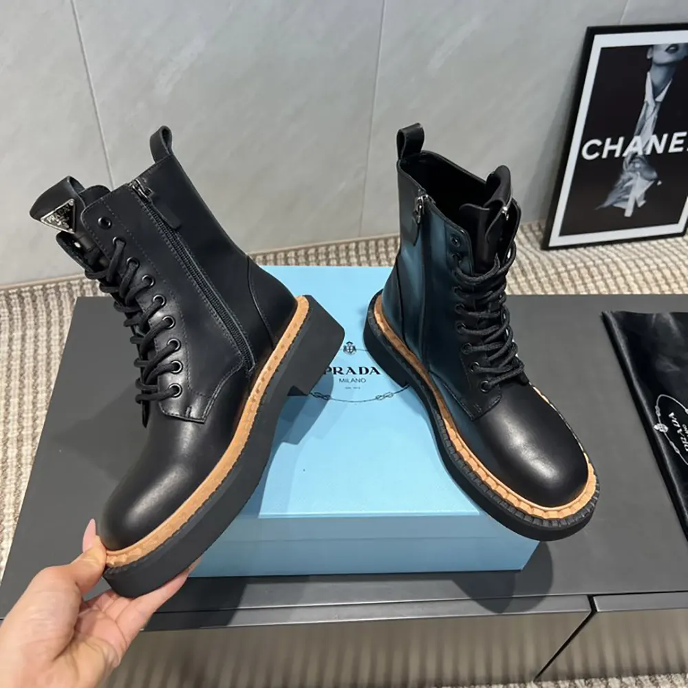 Prada Unisex Black Leather Lace-Up zip up Combat Boots - image 4