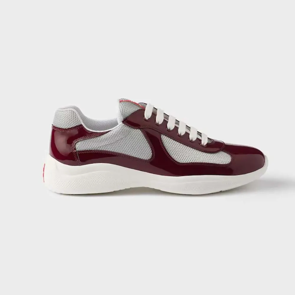 Side view of Prada Unisex Patent Leather And Technical Fabric Prada America’S Cup Sneakers-Burgundy