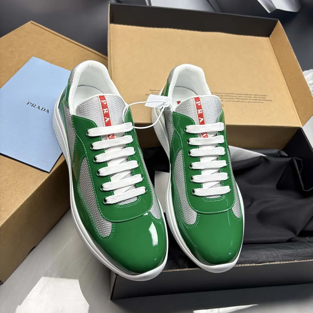 Top-down view showing lace closure on Prada Unisex Patent Leather And Technical Fabric sneakers