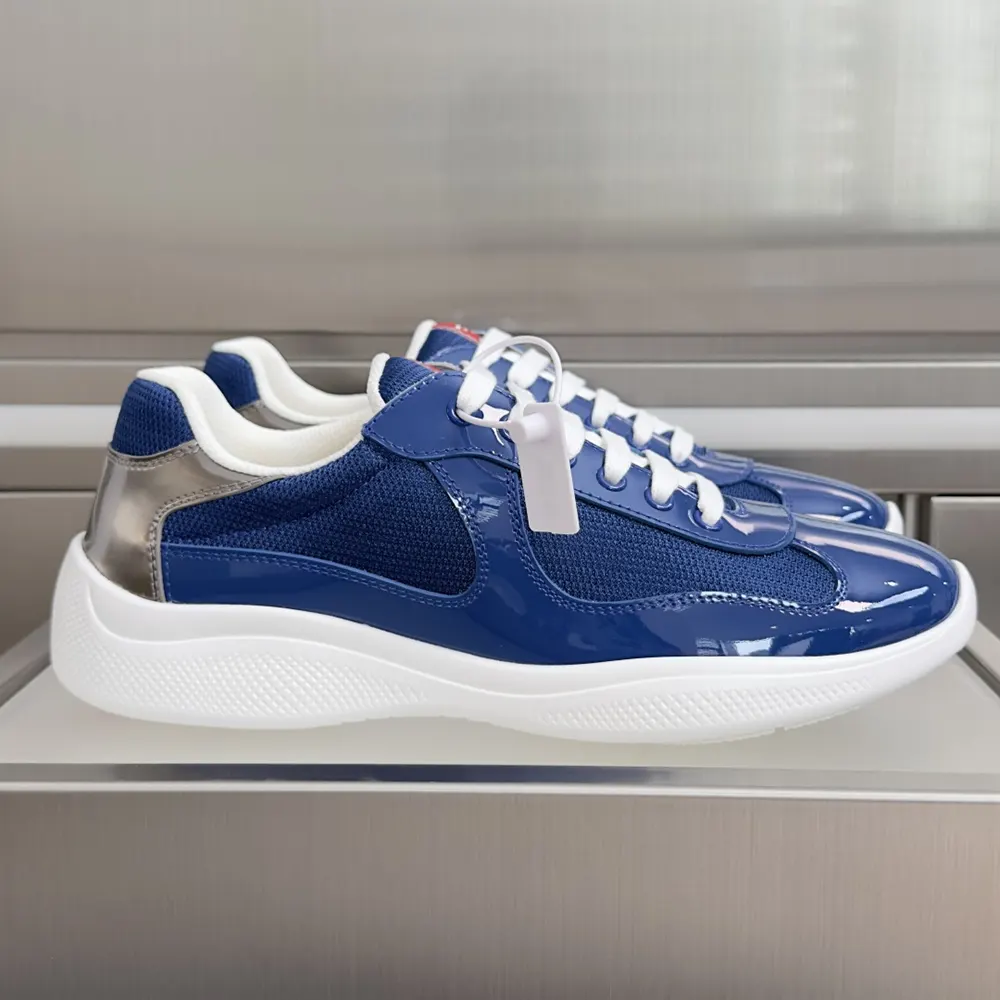 Top-down view showing lace-up closure on Prada Unisex Prada America’S Cup Sneakers-Navy