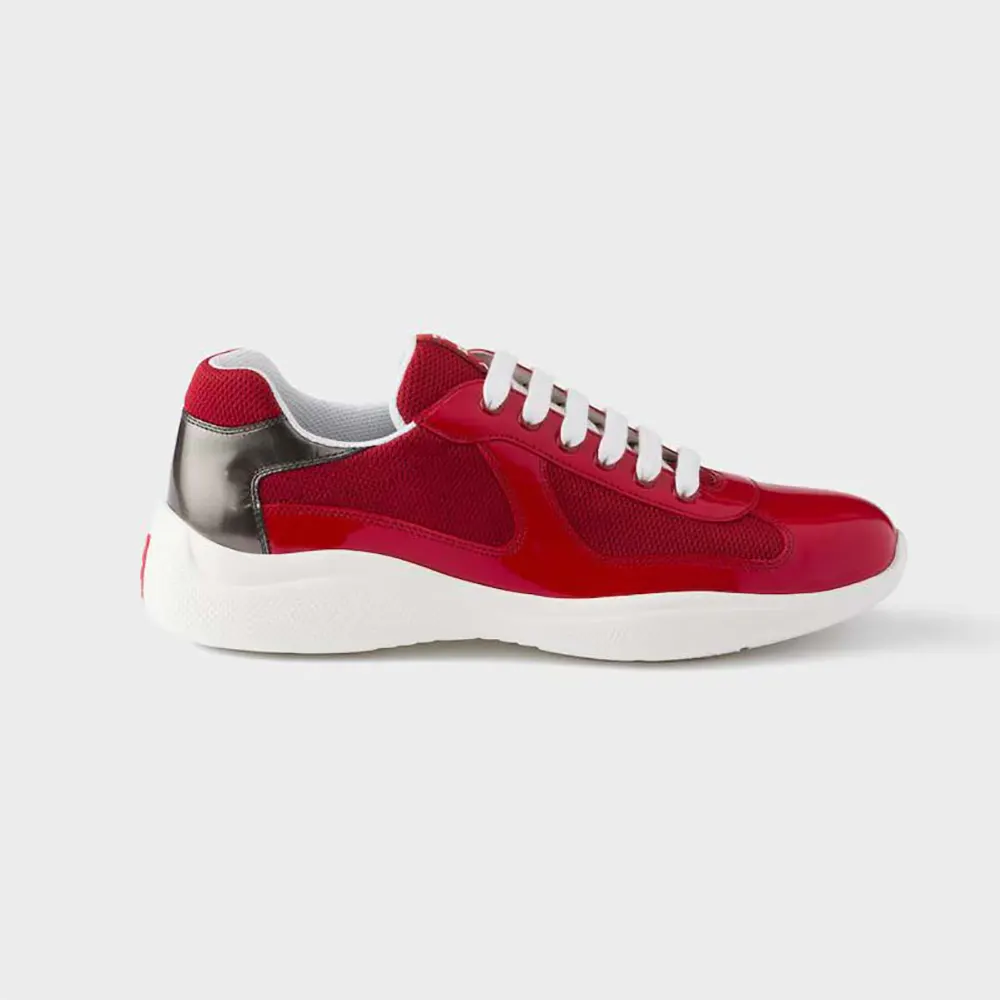 Side angle of Prada Unisex Patent Leather America’s Cup Sneakers-Red