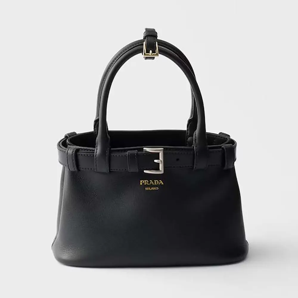 Front view of Prada Wome Buckle Small Leather Bag With Belt-Black