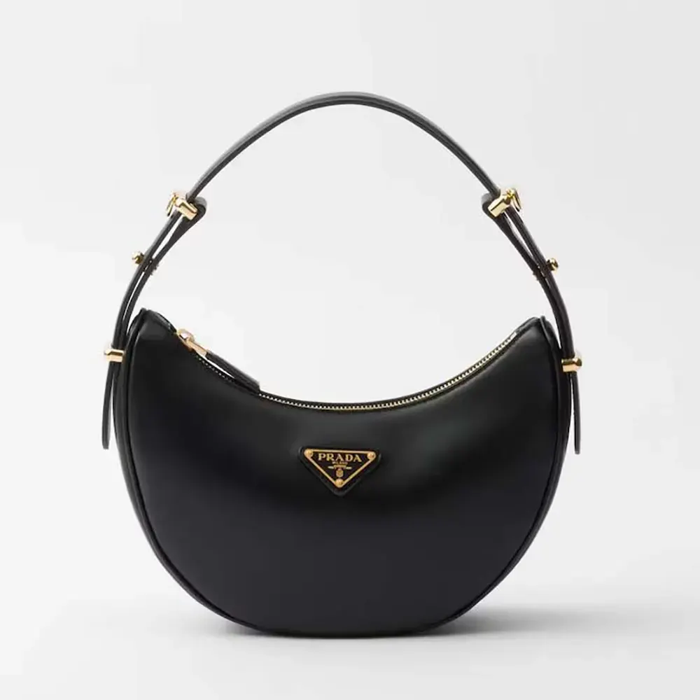 Front view of Prada Women Arqué Mini Leather Shoulder Bag in black leather