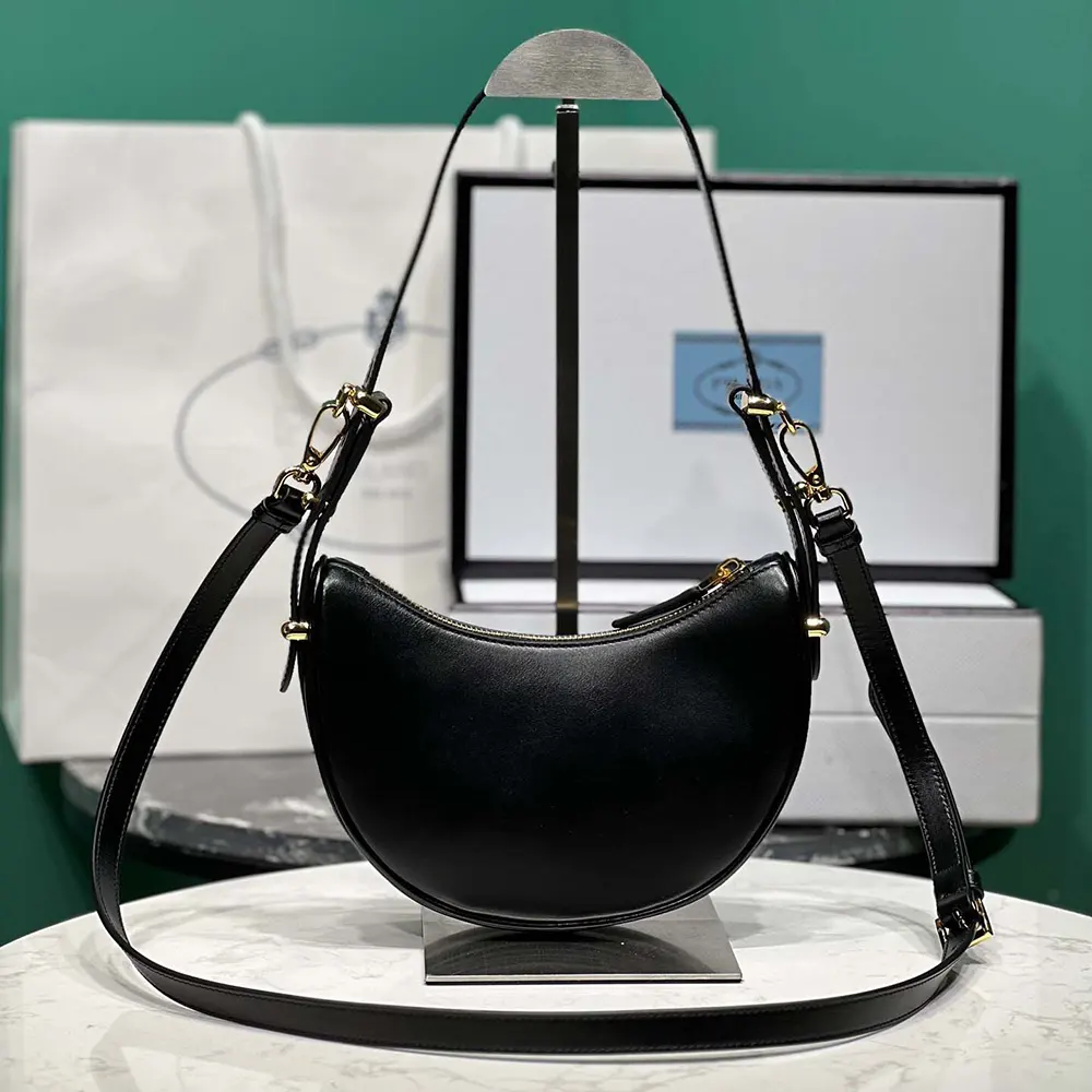 Side angle showing polished hardware on Prada Women Arqué Mini Leather Shoulder Bag